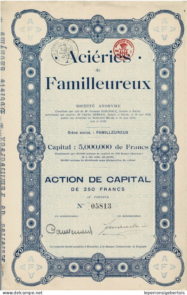 - Titre De 1920 - Aciéries De Familleureux - Société Anonyme  - - Industrie