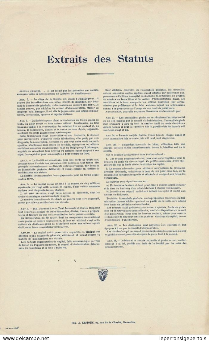 - Titre De 1920 - Aciéries De Familleureux - Société Anonyme  - - Industrie