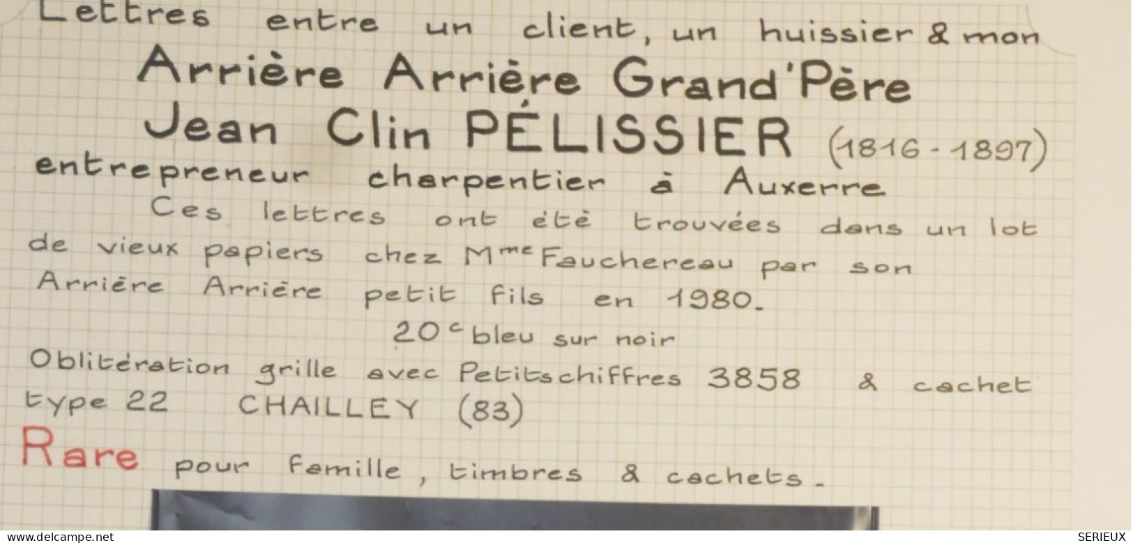 DK2 FRANCE BELLE  LETTRE FAMILLE PELISSIER 14 7. 1856 PETIT BUREAU CHAILLEY + N°14 BLEU NOIR +DISPERSION DE COLLECTION+ - 1849-1876: Classic Period