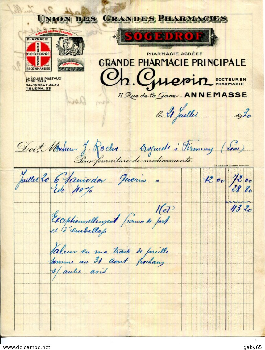 FACTURE.74.HAUTE SAVOIE.ANNEMASSE.GRANDE PHARMACIE PRINCIPALE.CH.GUERIN 11 RUE DE LA GARE. - Drogisterij & Parfum