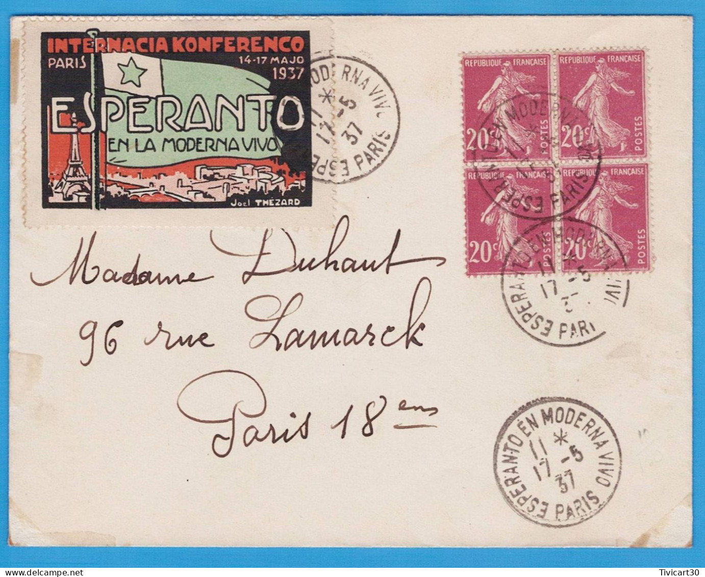 LETTRE FRANCE -VIGNETTE ET OBLITERATIONS "ESPERANTO EN MODERNA VIVO - PARIS - 1937" - BLOC DE 4 TIMBRES SEMEUSE 20 C. - Esperanto