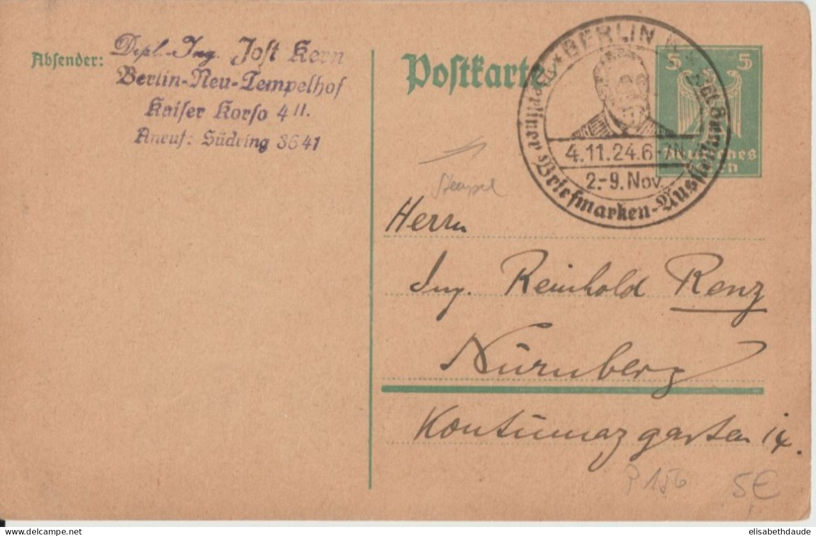 WEIMAR - 1924 - LIVRAISON GRATUITE MONDE ENTIER A PARTIR De 5 EUR - CP ENTIER POSTAL - SONDERSTEMPEL BERLIN - Postkarten