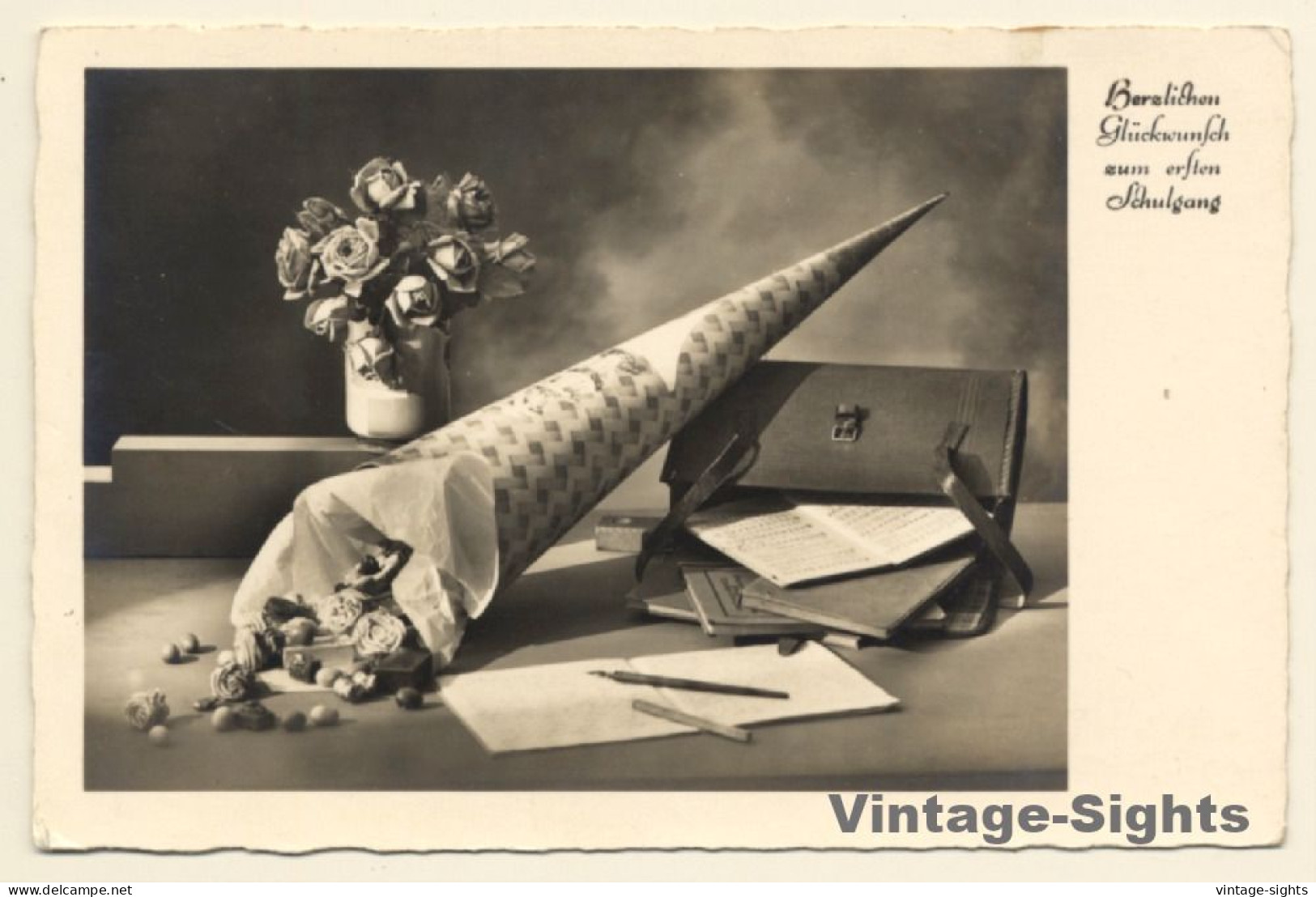 Tornister, School Cone & Flowers / Still Life (Vintage RPPC ~1910s/1920s) - Scuole