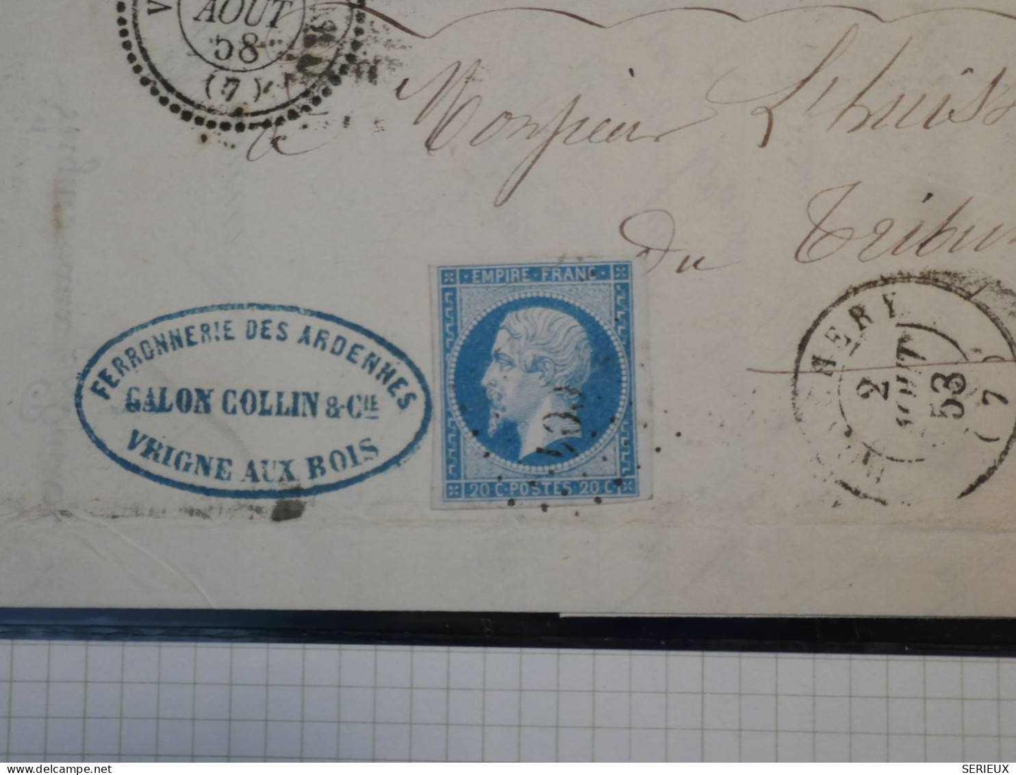 DK2 FRANCE BELLE  LETTRE RARE  1858 PETIT BUREAU VRIGNE AU BOIS.N°14 BLEU CIEL CLAIR+ VU BEHR DISPERSION DE COLLECTION+ - 1853-1860 Napoléon III.