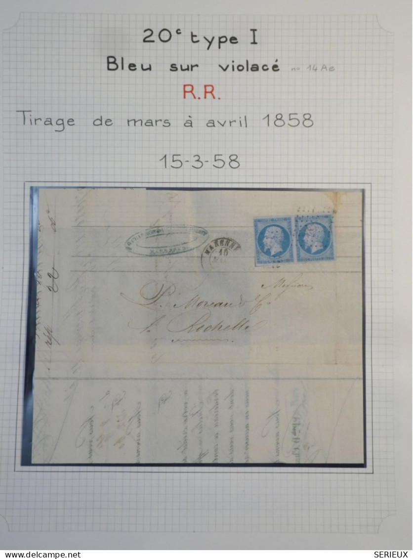 DK2 FRANCE BELLE  LETTRE RARE  1858 VARENNES  + PAIRE  N°14 BLEU SUR LILAS +VU BEHR.DISPERSION DE COLLECTION+ - 1853-1860 Napoléon III.