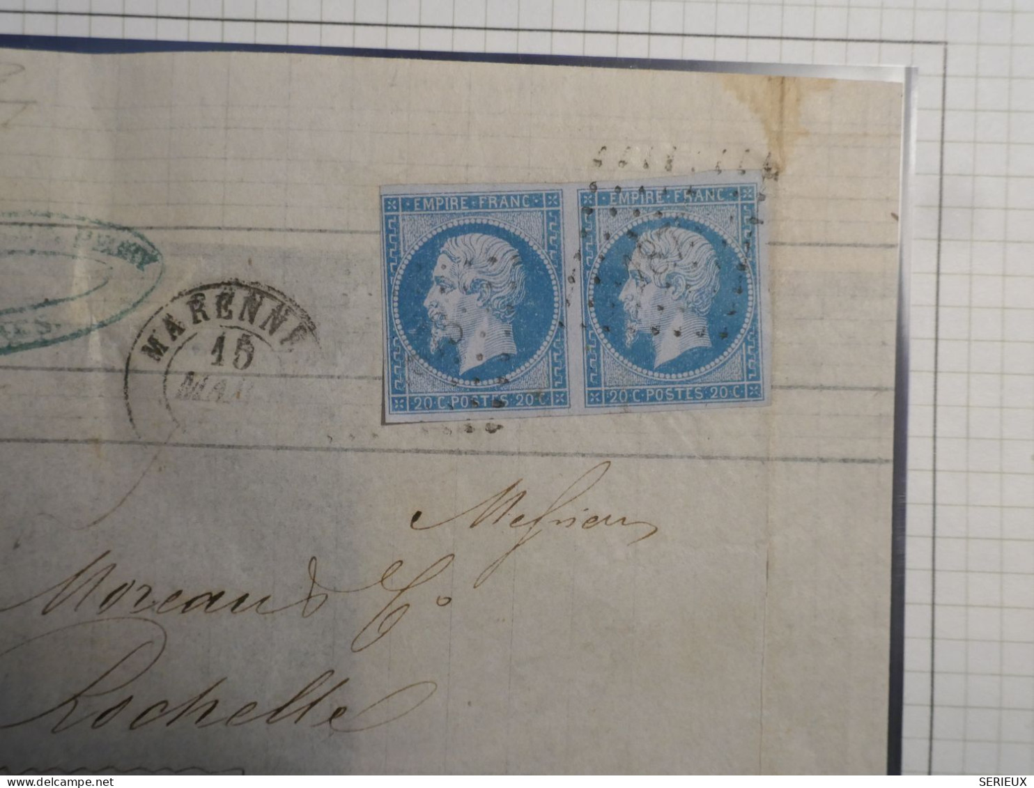 DK2 FRANCE BELLE  LETTRE RARE  1858 VARENNES  + PAIRE  N°14 BLEU SUR LILAS +VU BEHR.DISPERSION DE COLLECTION+ - 1853-1860 Napoleone III