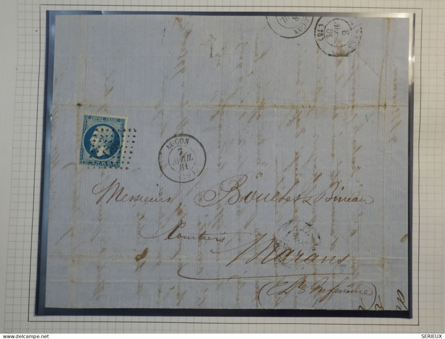 DK2 FRANCE BELLE  LETTRE RARE  1861 LUCON A MARANS N°14 BLEU SUR VERT  + VU BEHR DISPERSION DE COLLECTION+ - 1853-1860 Napoleone III