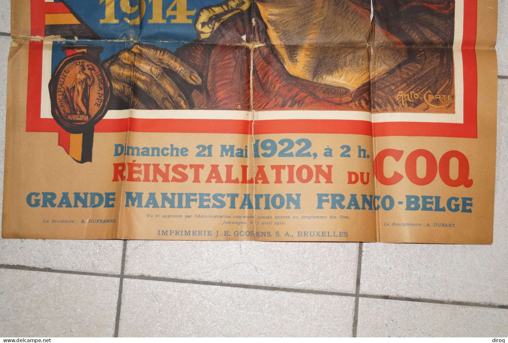 Ancienne Affiche Originale De Jemappes 1922,signé Anto. Carte,trace De Scotch à L'arrière,voir Photos,118/73 Cm. - Manifesti