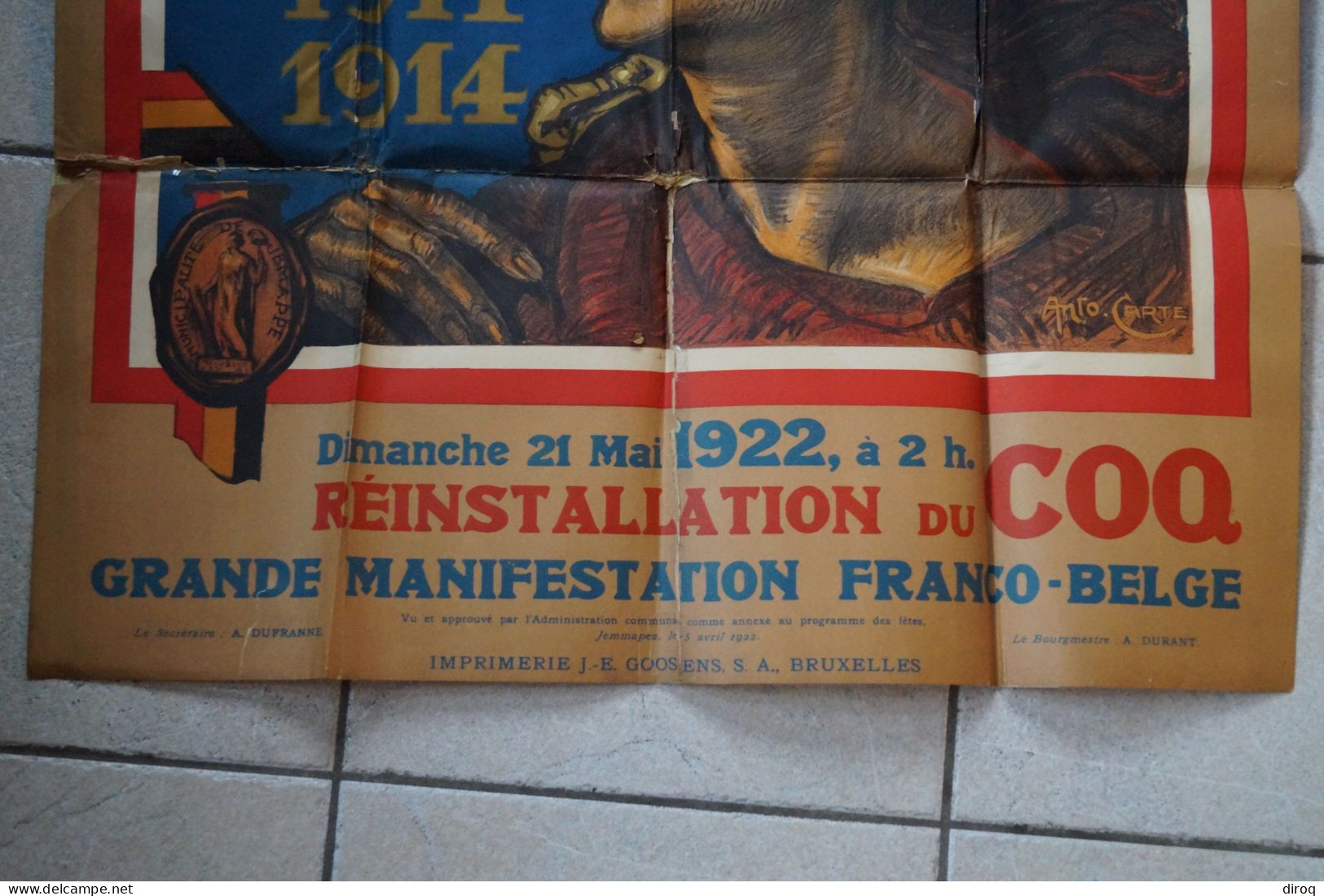 Ancienne Affiche Originale De Jemappes 1922,signé Anto. Carte,trace De Scotch à L'arrière,voir Photos,118/73 Cm. - Plakate