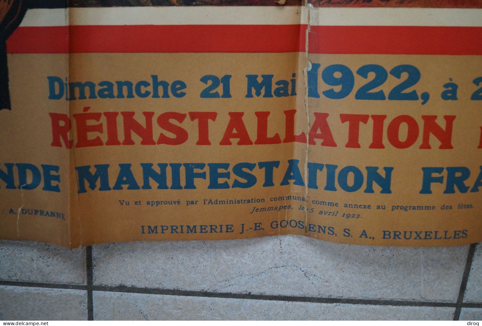 ancienne affiche originale de Jemappes 1922,signé Anto. Carte,trace de scotch à l'arrière,voir photos,118/73 Cm.