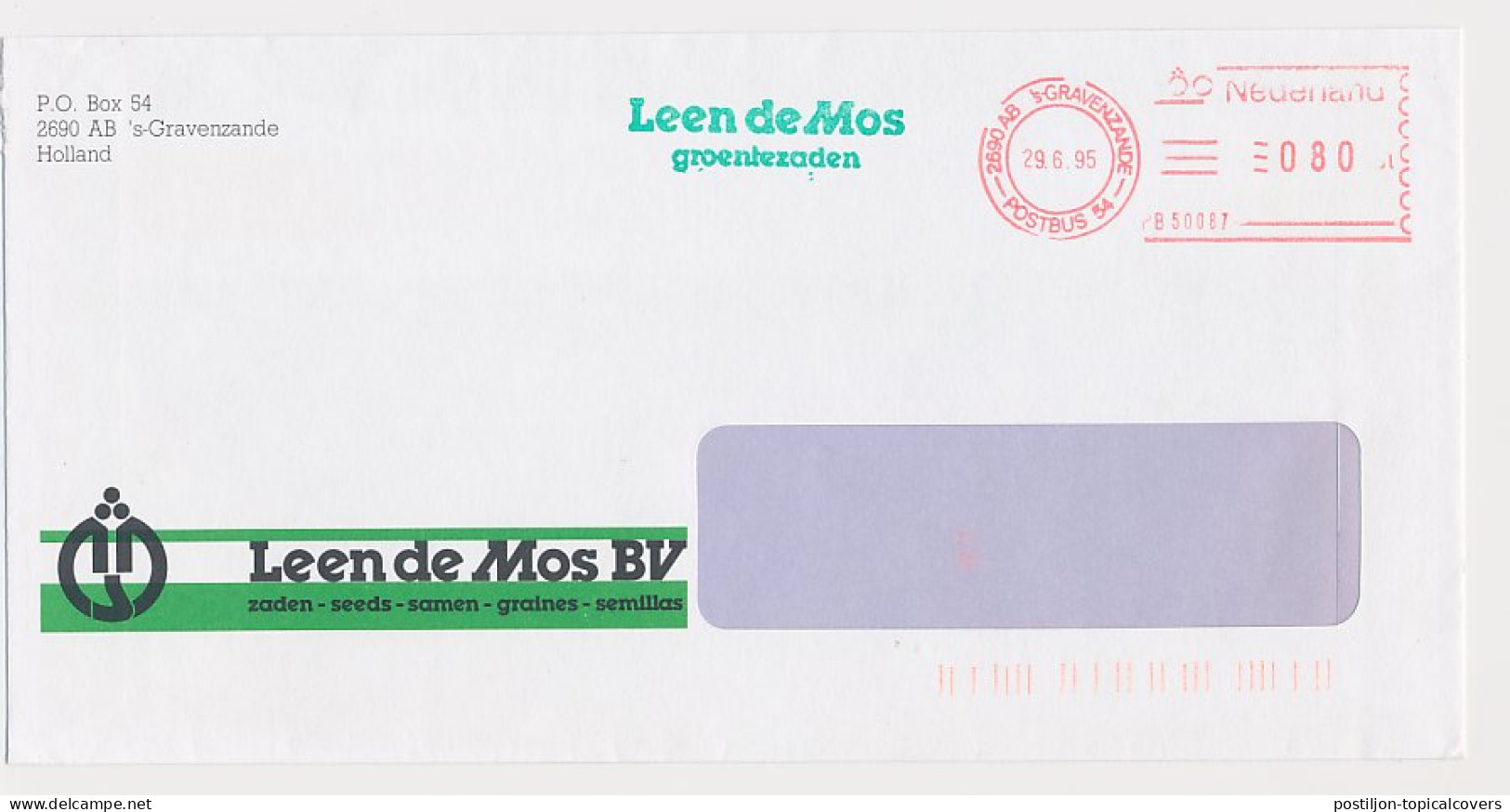 Meter Cover Netherlands 1995 - Ptney Bowes 50087 - Green Vegetable Seeds - S Gravenzande - Legumbres