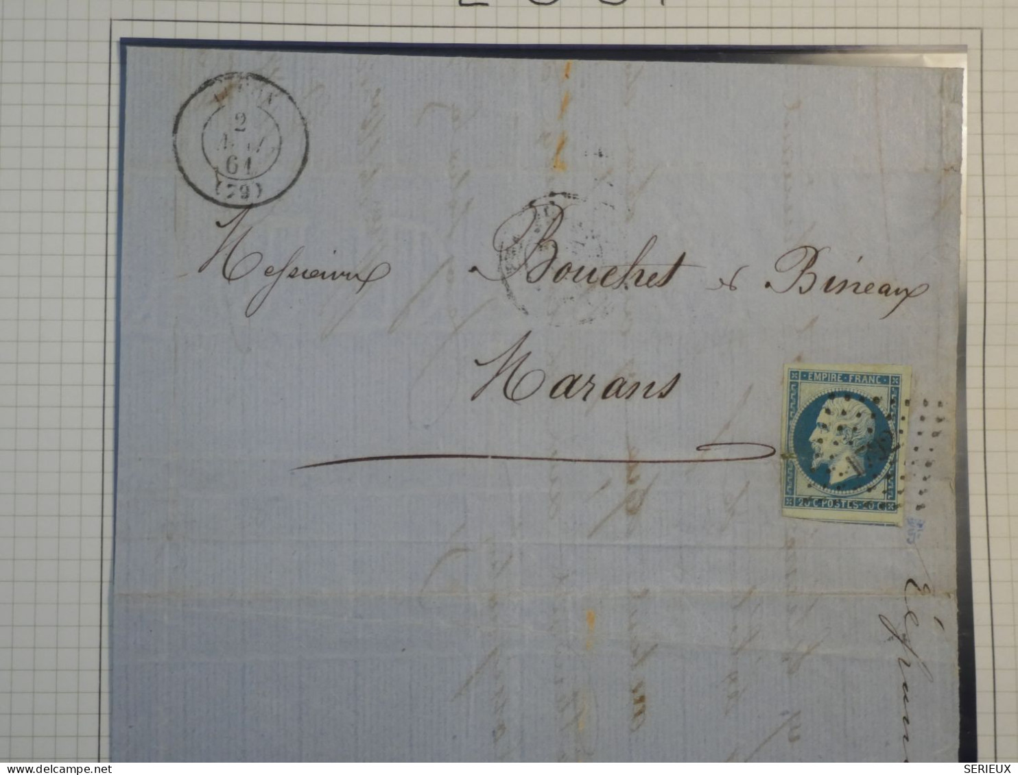 DK2 FRANCE BELLE  LETTRE RARE  1861 A MARANS N°14 BLEU SUR VERT  +DISPERSION DE COLLECTION+ - 1853-1860 Napoleone III