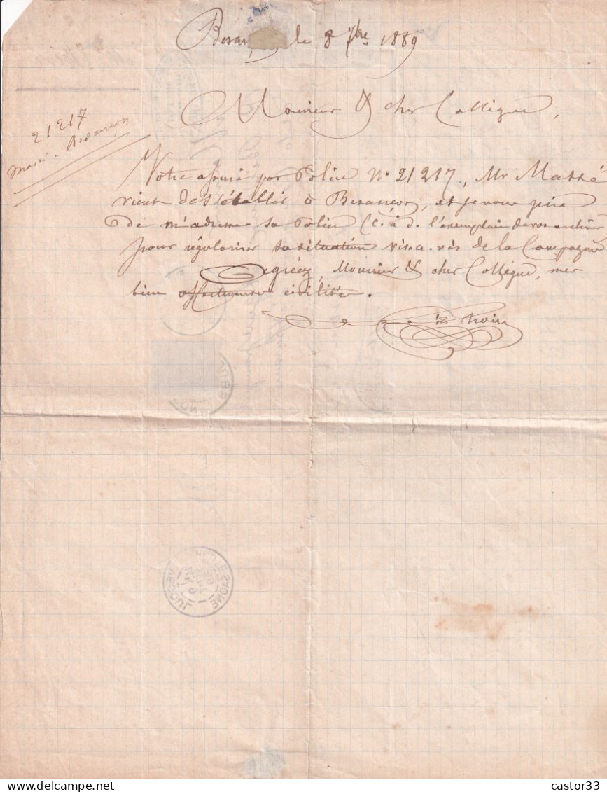 Courrier Cie D'Assurances Générales 1889, Timbre Type Paix Et Commerce 15c Bleu - Manuscripts