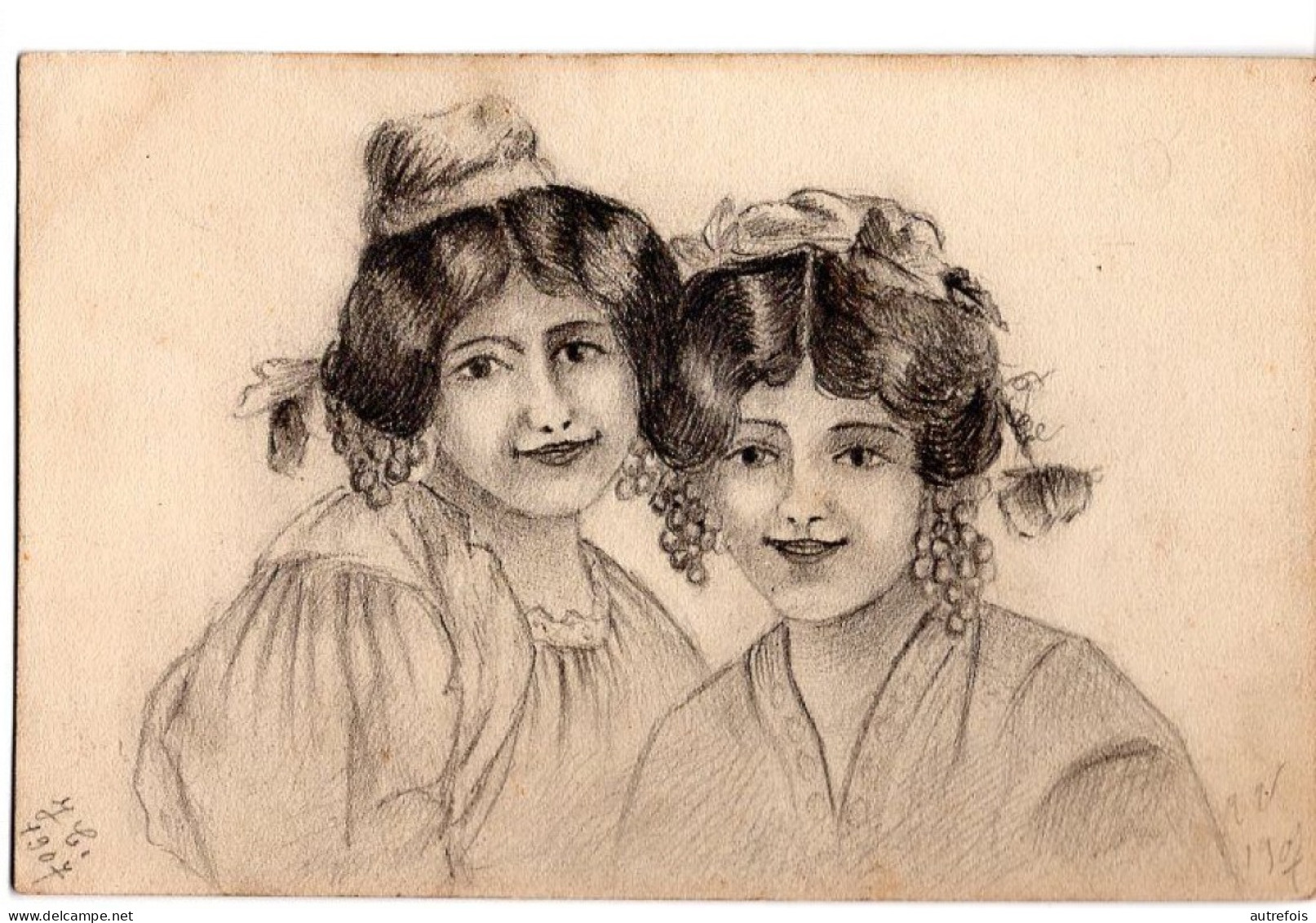 PORTRAITS DE JEUNES FILLE  -  DESSIN AU CRAYON SUR CARTE POSTALE - SIGNEE J C 1907 - Dessins