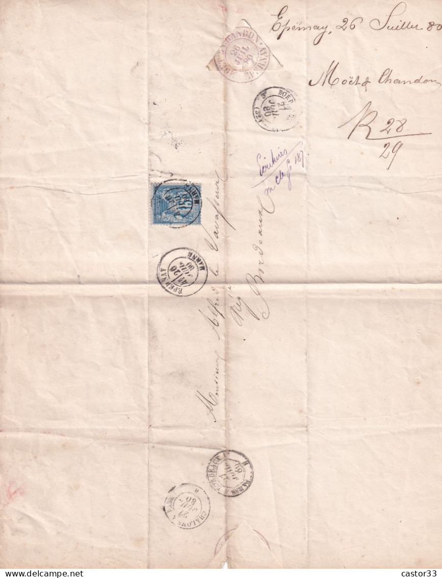 Courrier Moët Et Chandon 1880, Timbre Type Paix Et Commerce 15c Bleu - Manuscrits