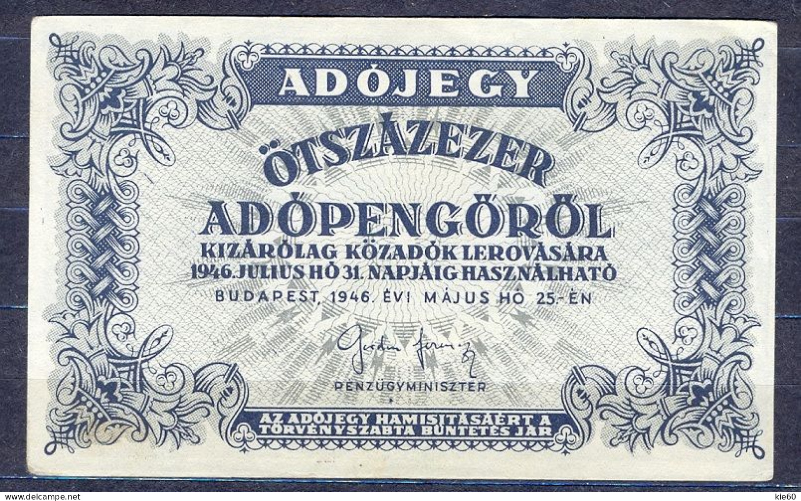 Hungary - 1946 - 500 000 Adopengorol   - -P139b . XF - Hongrie
