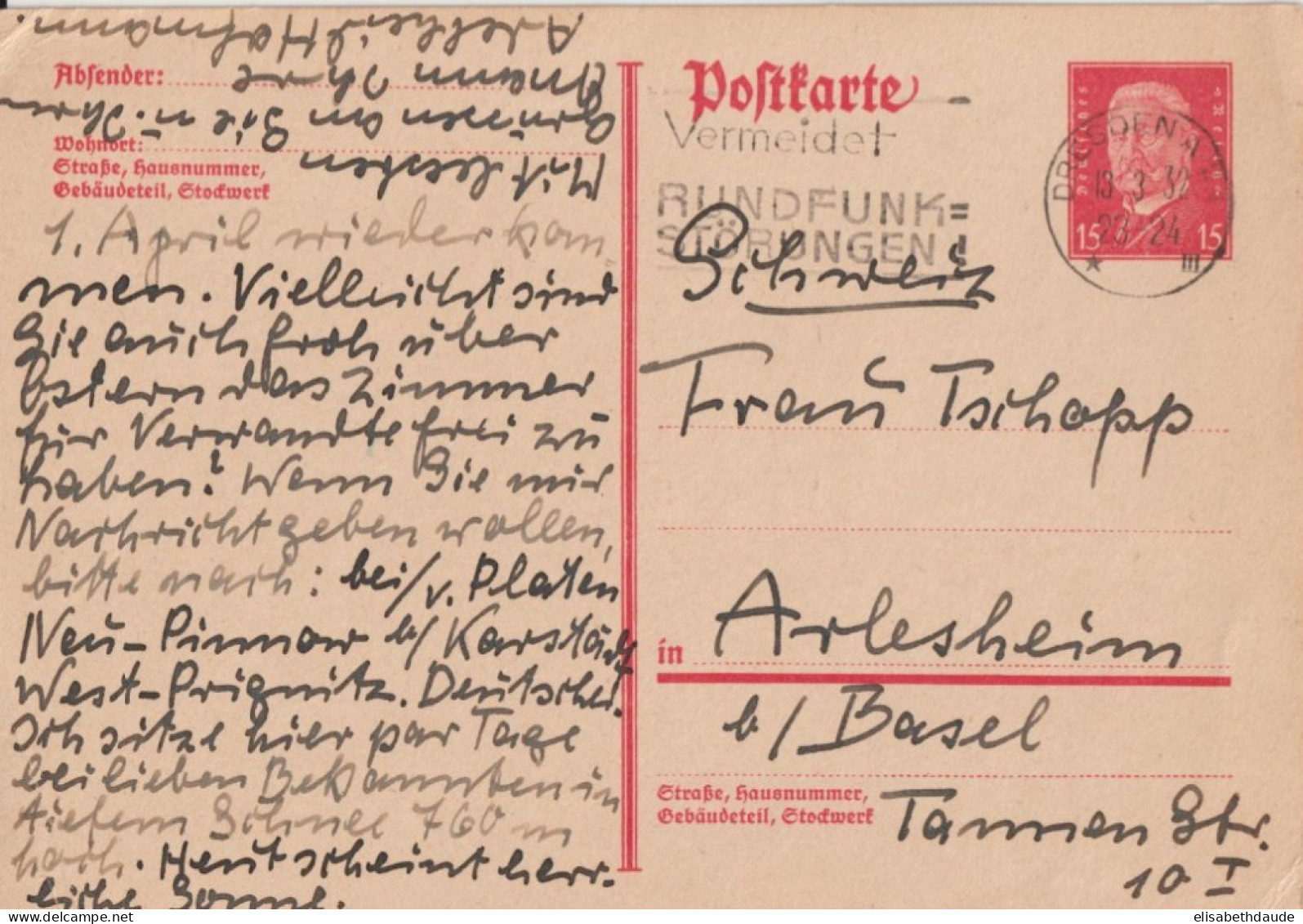 WEIMAR - 1932 - RARE CP ENTIER POSTAL P182 ! De DRESDEN => ARLESHEIM (SUISSE) - Cartes Postales