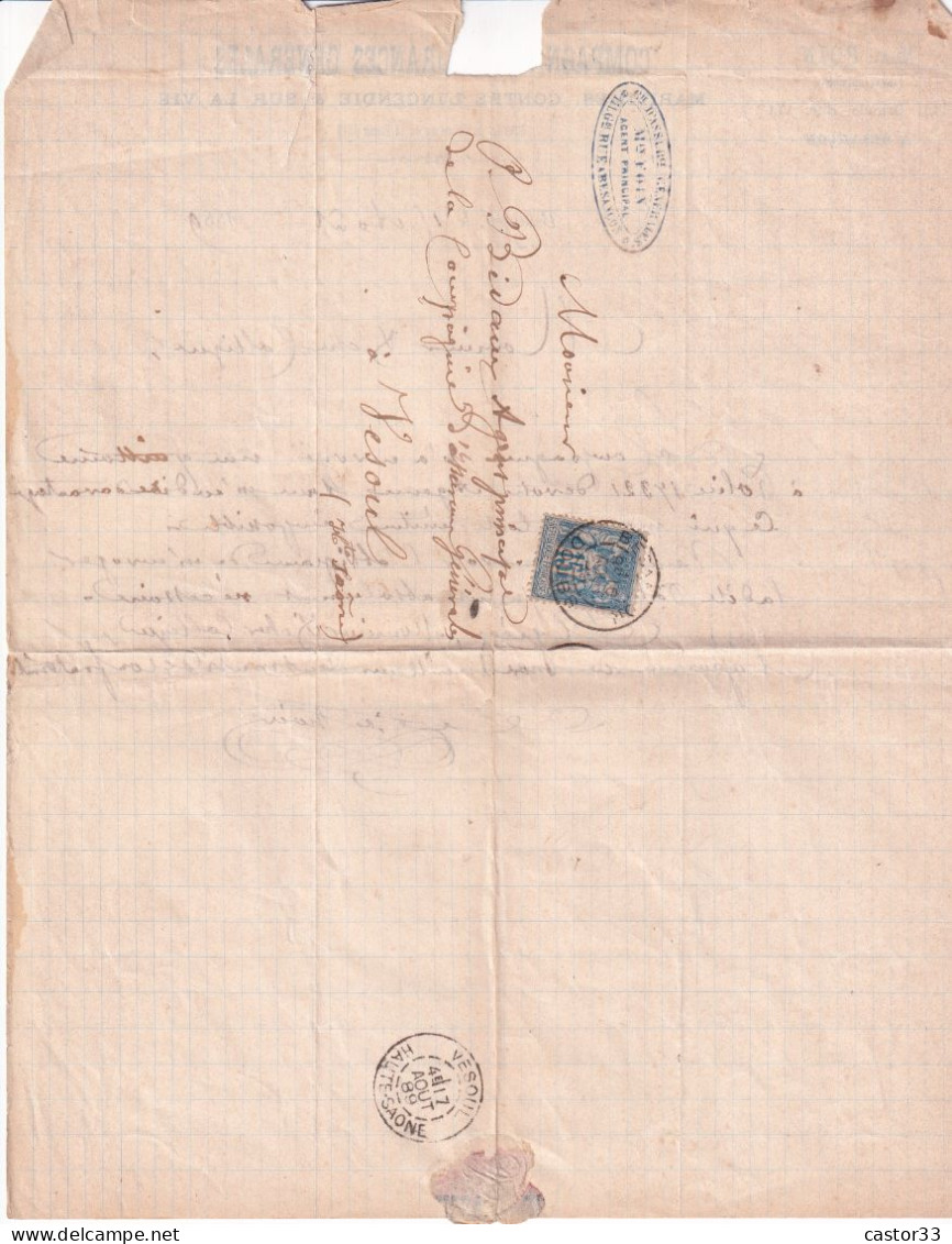 Courrier Max Foin, Cie D'Assurances Générales1889, Timbre Type Paix Et Commerce 15c Bleu - Manuscripts