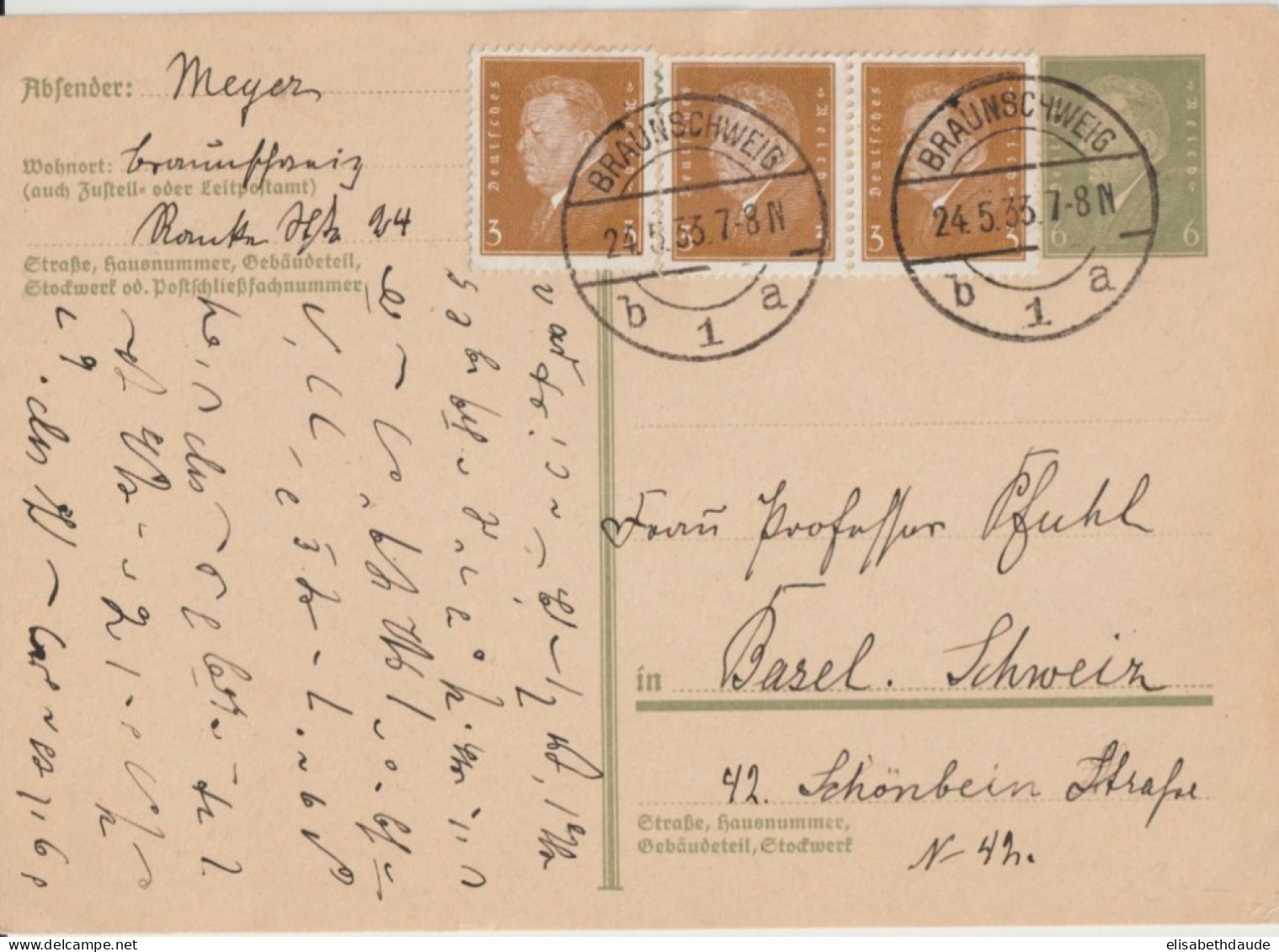 WEIMAR - 1933 -  LIVRAISON GRATUITE A PARTIR De 5 EUR D'ACHAT ! CP ENTIER POSTAL De BRAUNSCHWEIG => BASEL (SUISSE) ! - Cartoline