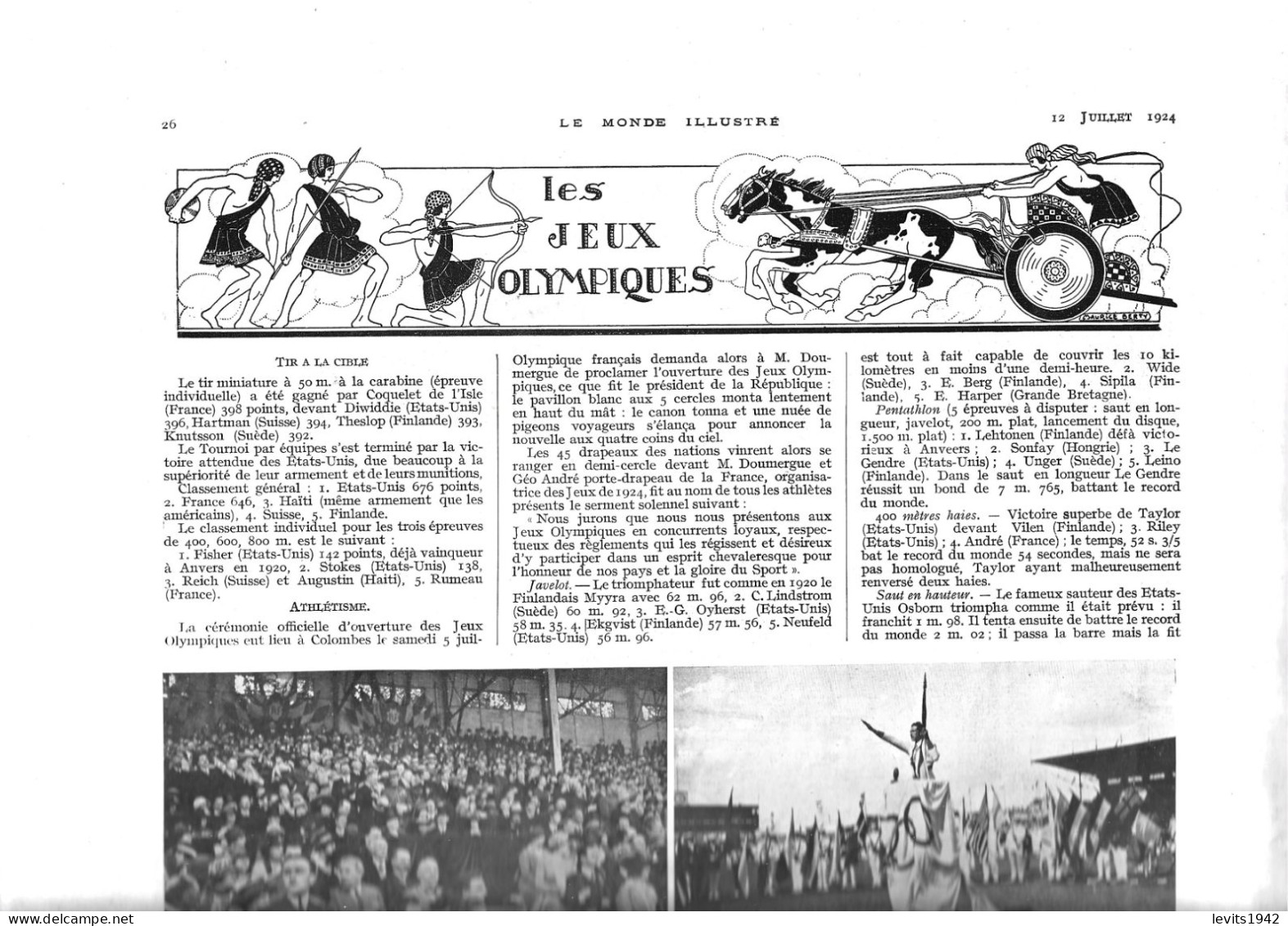 JEUX OLYMPIQUES 1924  - PARIS -  REVUE - LE MONDE ILLUSTRE - 12 JUILLET 1924 -- - Autres & Non Classés