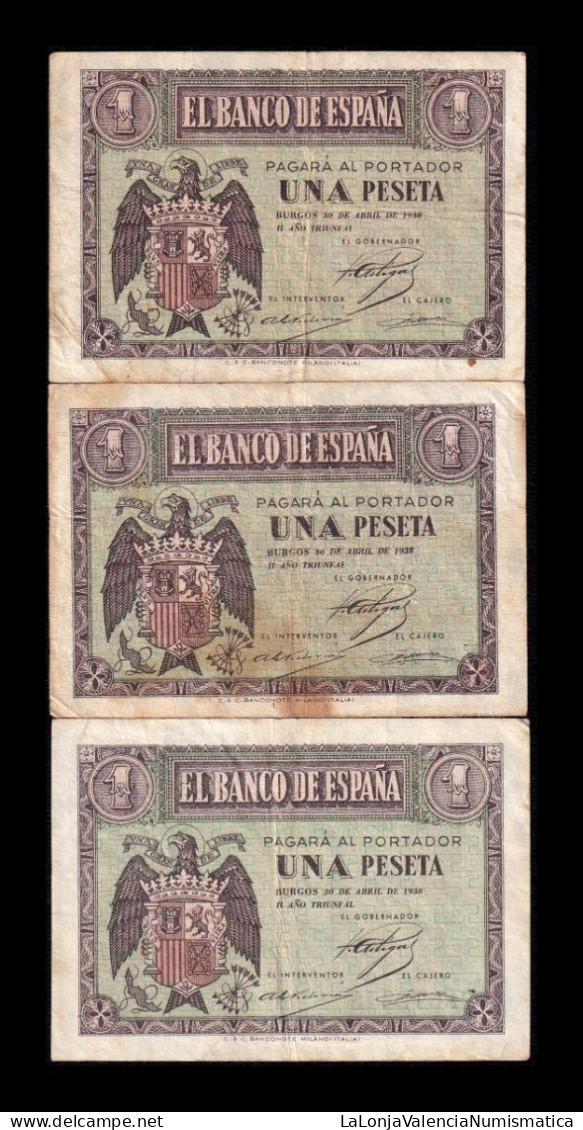 España Spain Set 3 Billetes 1 Peseta Burgos Abril 1938 Pick 108 Mbc Vf - 1-2 Pesetas