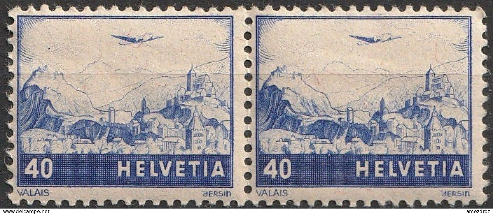 Suisse Poste Aérienne 1948 N° 43 Paire MH * Mont Valais Et Avion Nouvelles Couleurs (H3) - Neufs