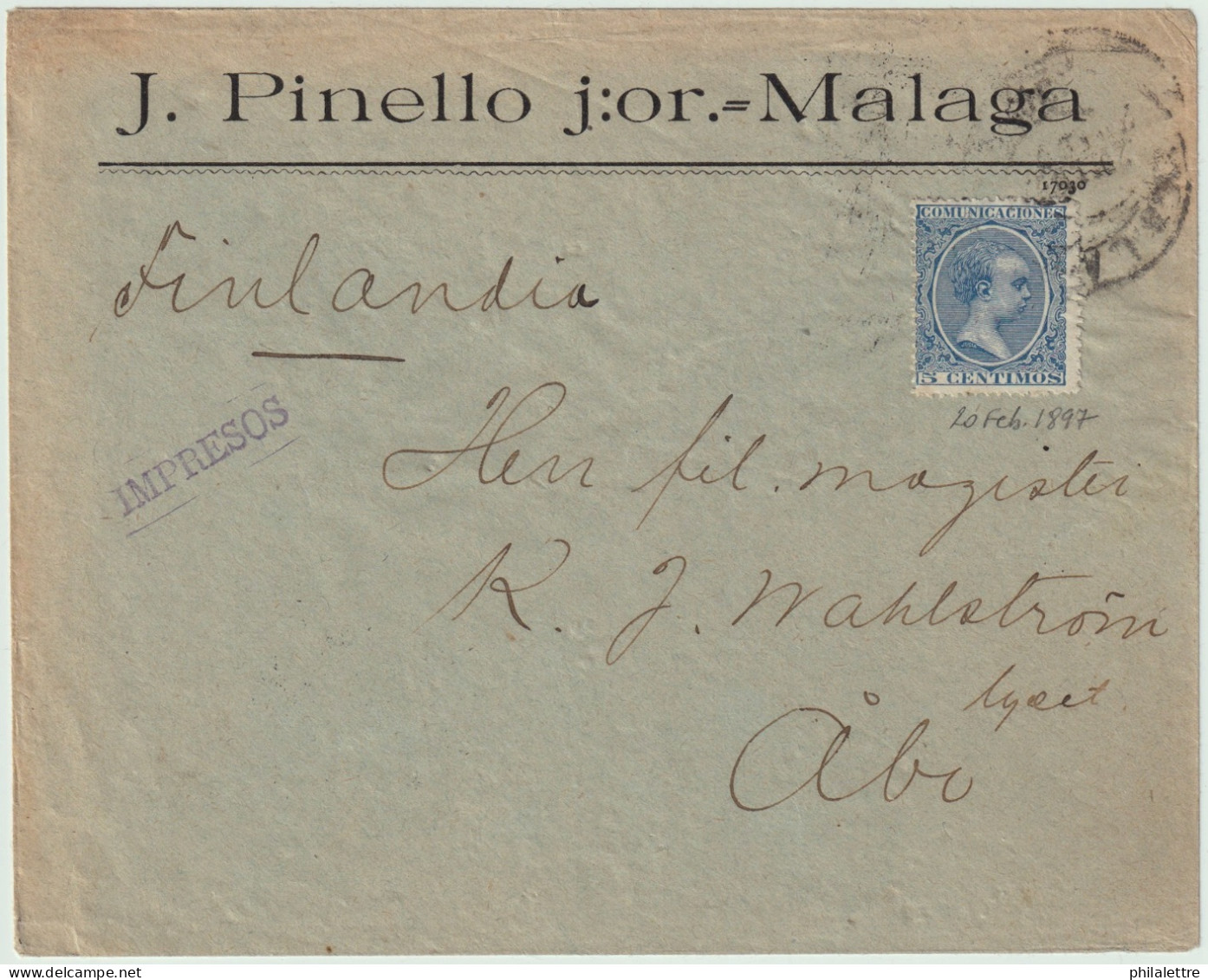 ESPAGNE - ESPAÑA - 1897 (20 Feb) Ed.215 5c Pelón Azul Sobre Carta (IMPRESOS) De Malaga A FINLANDIA (ABO / TURKU) - Brieven En Documenten