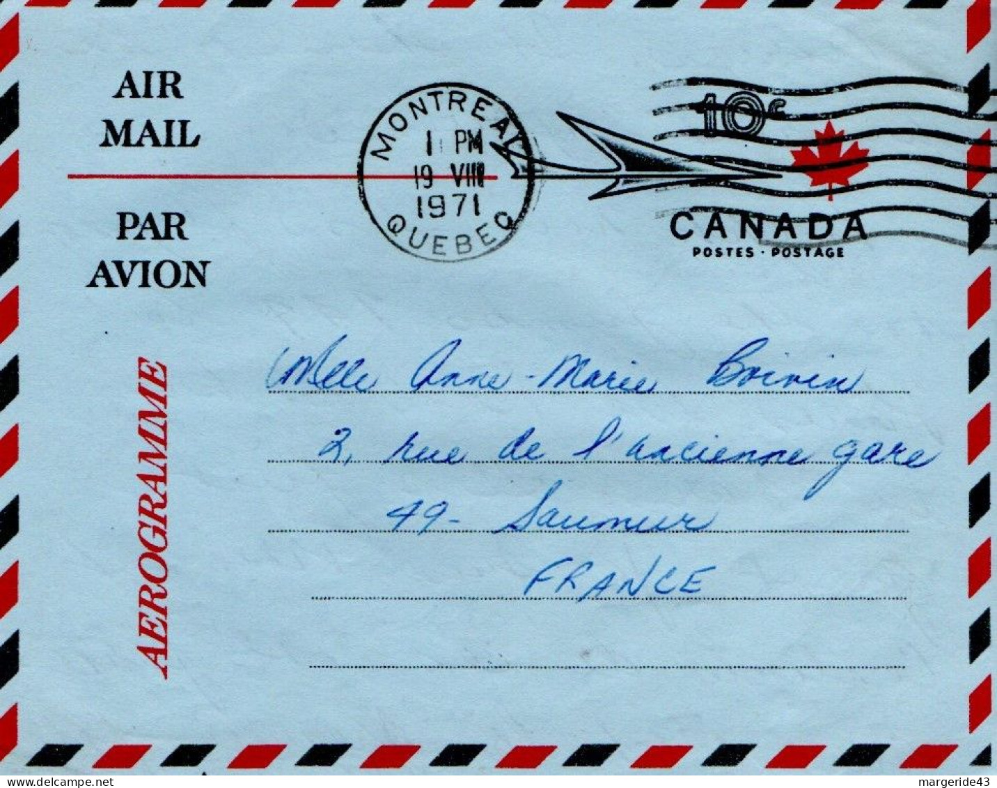 CANADA  AEROGRAMME POUR LA FRANCE 1971 - Storia Postale