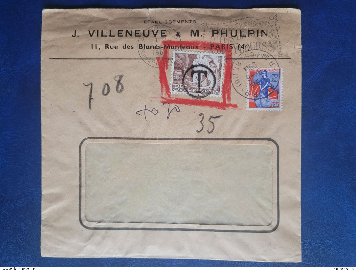 TAXE -,35 Sur Envoi De J. VILLENEUVE & M. PHULPIN à PARIS1960 Voir Description - Taxe