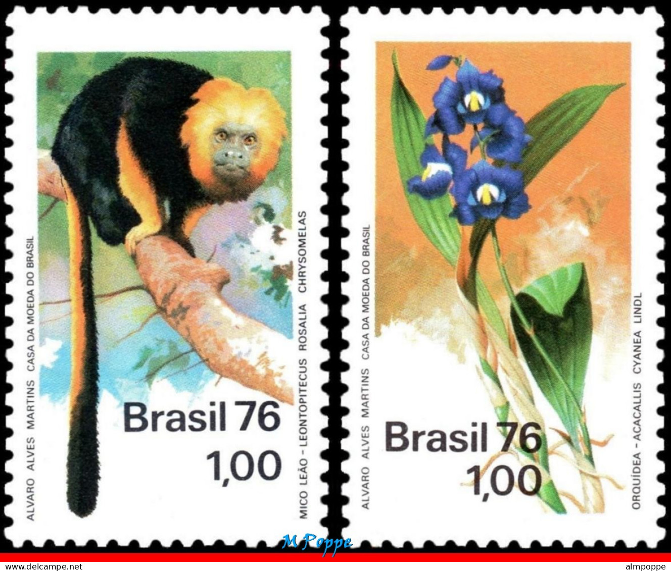 Ref. BR-1438-39 BRAZIL 1976 - NATURE PROTECTION, ORCHIDAND MONKEY,MI# 1534-35, MNH, ANIMALS, FAUNA 2V Sc# 1438-1439 - Nuovi