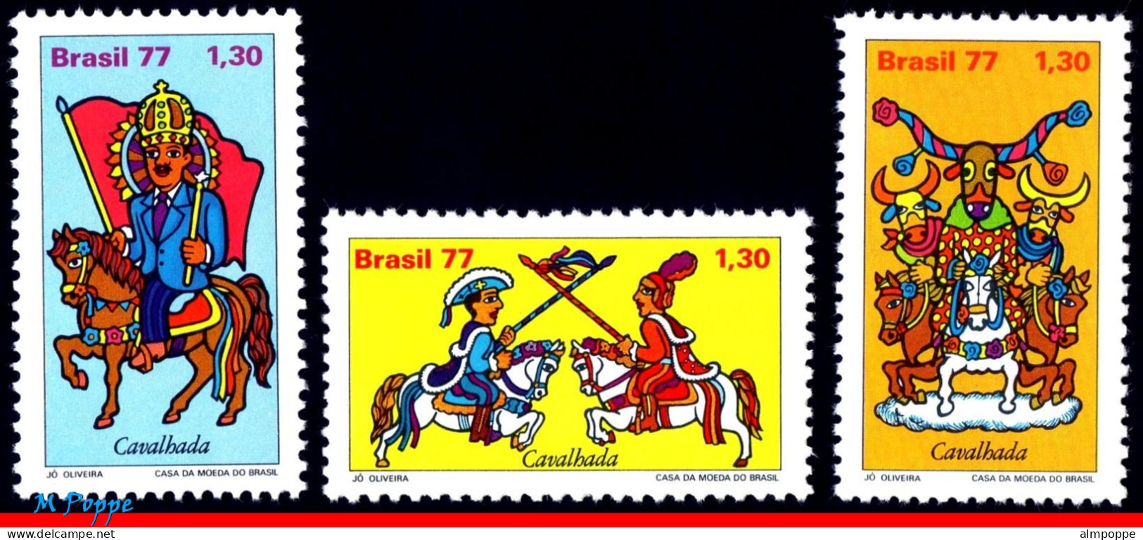 Ref. BR-1520-22 BRAZIL 1977 - 'CAVALHADA', HORSES ANDBULLS, KING, JOUST,MI# 1612-14,SET MNH, FOLKLORE 3V Sc# 1520-1522 - Neufs