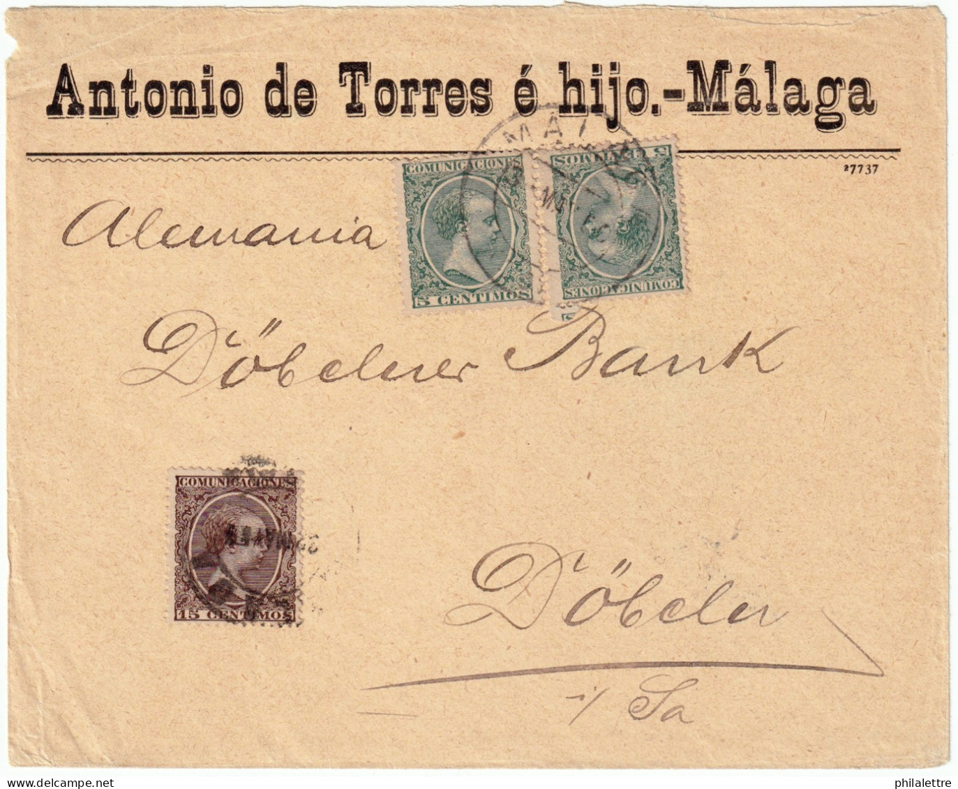 ESPAGNE - ESPAÑA - 1900 (3 Mayo) 2xEd.216 5c Pelón Verde Y Ed.219 Castaño Sobre Carta De Malaga A Alemania - Covers & Documents