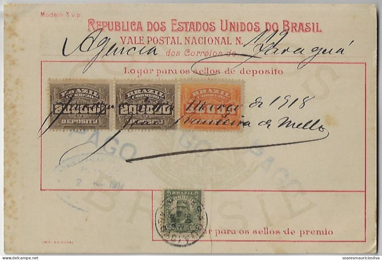 Brazil 1918 Money Order From Jaraguá Alagoas To Salvador Bahia Vale Postal Stamp 5$ 20$ Reis + Definitive 600 Réis - Lettres & Documents