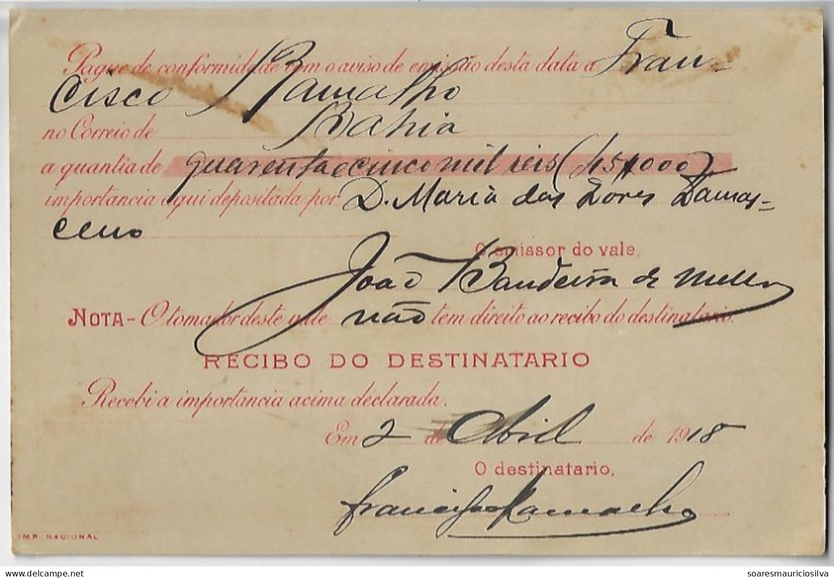Brazil 1918 Money Order From Jaraguá Alagoas To Salvador Bahia Vale Postal Stamp 5$ 20$ Reis + Definitive 600 Réis - Storia Postale
