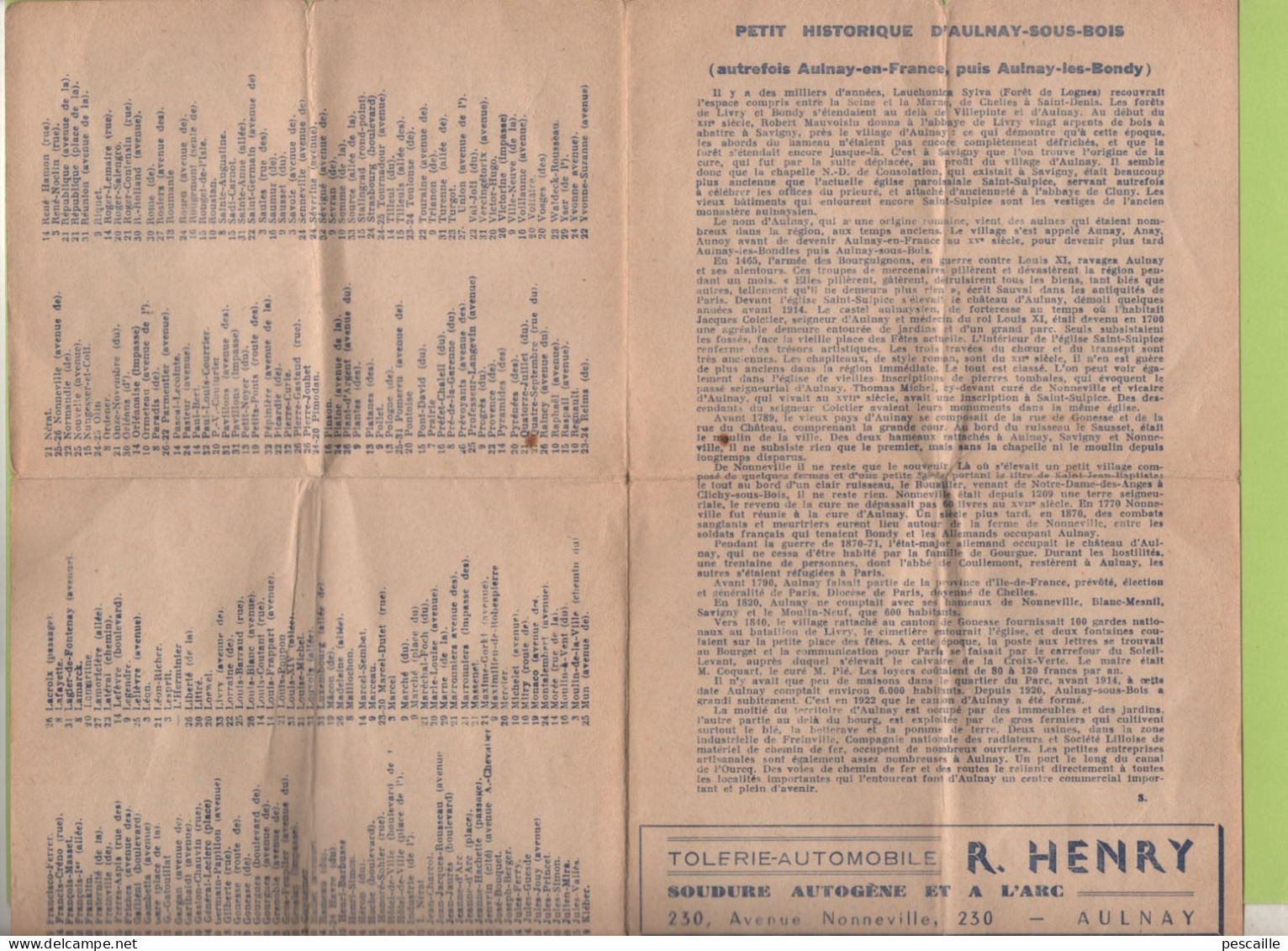 93 SEINE SAINT DENIS - PLAN ET RUES AULNAY SOUS BOIS - PUBLICITES LUNETTES TAROTS GARAGE LIBRAIRIE RADIO/ TELEVISION ETC - Cartes Géographiques