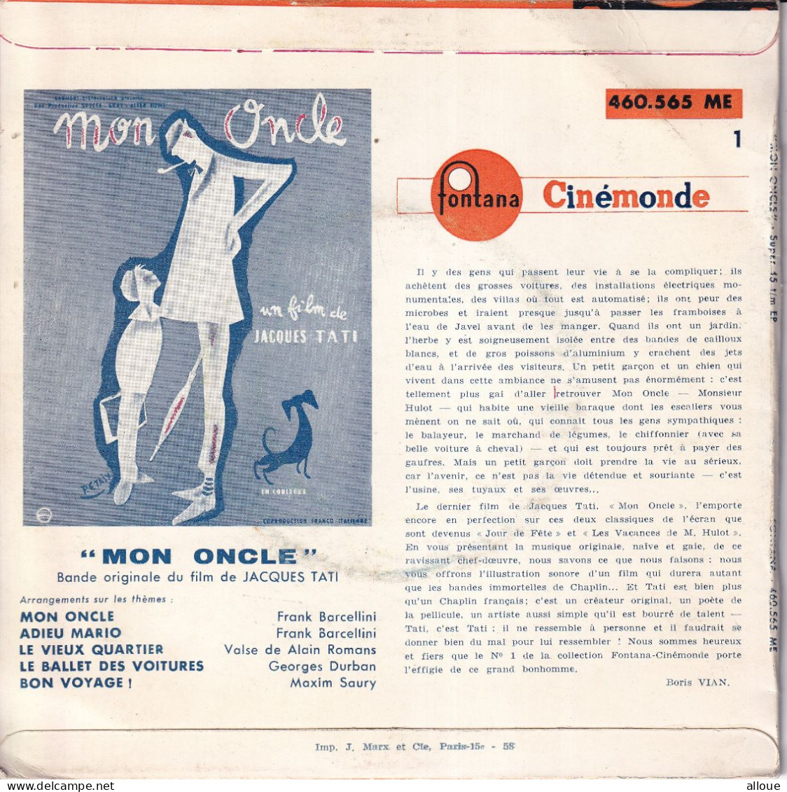 MON ONCLE - BO DU FILM DE JACQUES TATI - FR EP -  MON ONCLE + 4 - Musique De Films