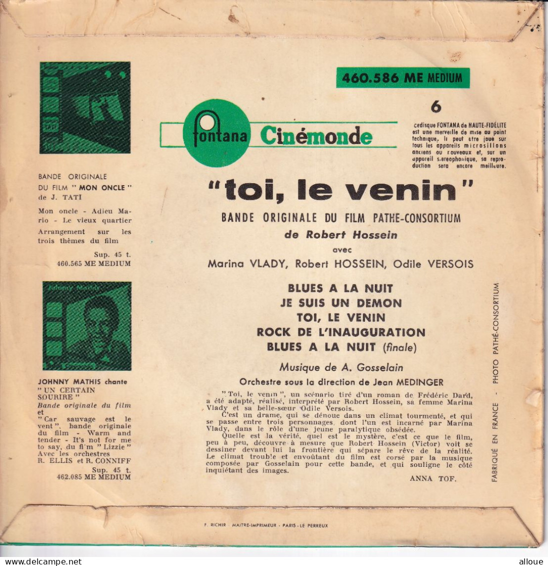 Toi Le Venin - BO DU FILM DE Robert Hossein - FR EP - BLUES A LA NUIT + 4 - Música De Peliculas