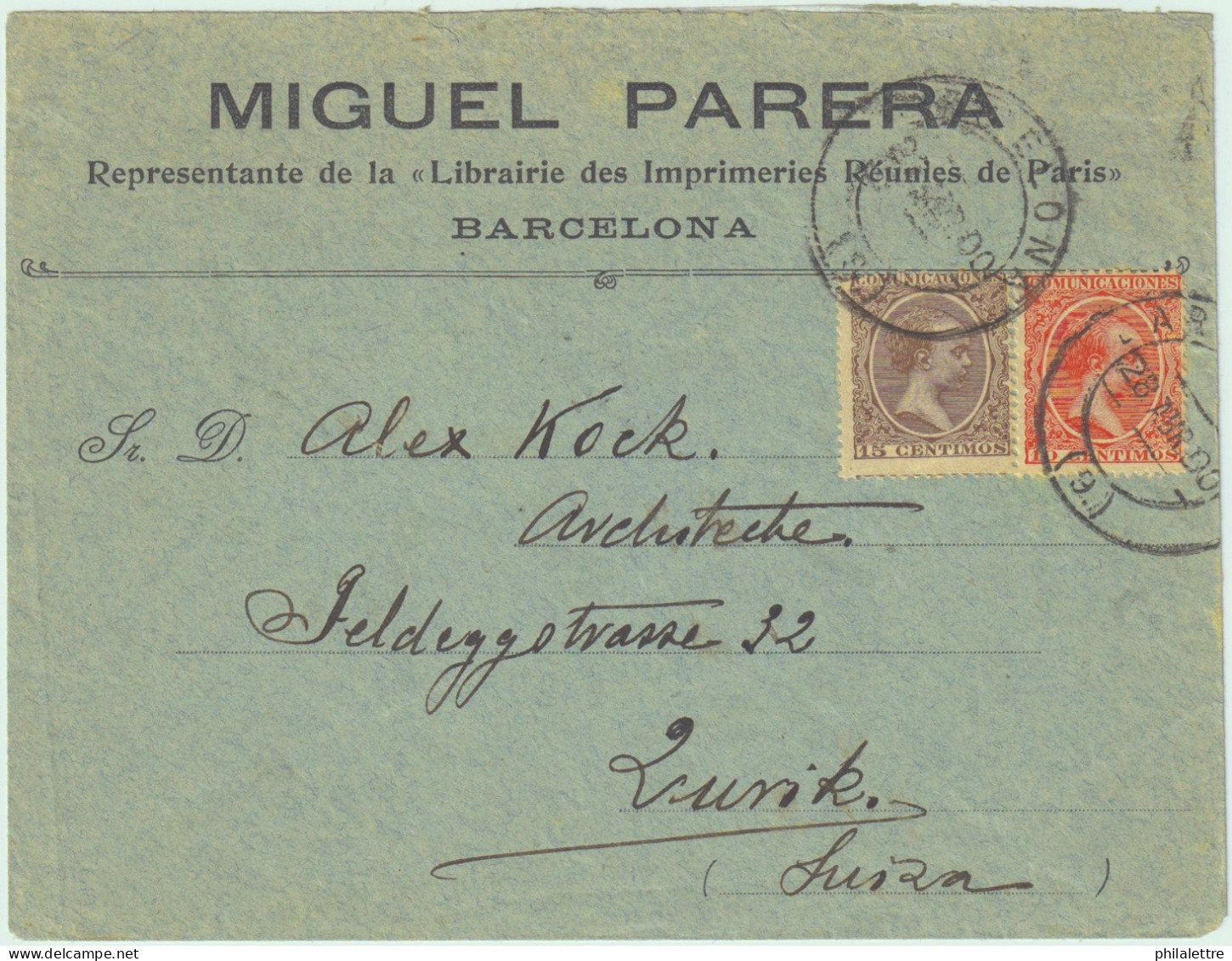 ESPAGNE - ESPAÑA - 1900 (28 Abril) Ed.218 10c Pelón Bermellón Y Ed.219 Castaño Sobre Carta De Barcelona A Zúrich, Suiza - Covers & Documents
