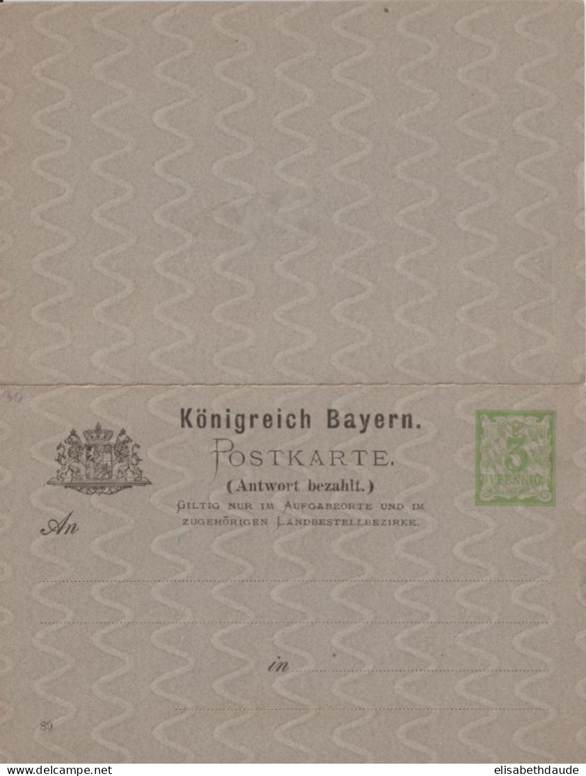 BAYERN - 1889 - LIVRAISON GRATUITE MONDE ENTIER A PARTIR De 5 EUR D'ACHAT ! CP ENTIER AVEC REPONSE PAYEE - Entiers Postaux