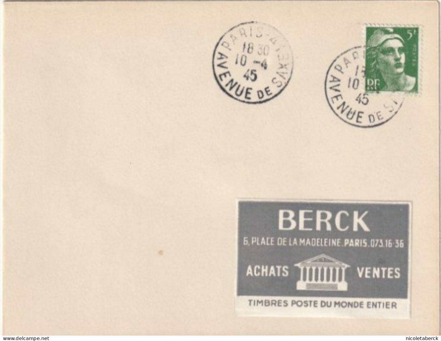Gandon N°719, 1er Jour De Mise En Vente Avenue De Saxe 10/4/45. Collection BERCK - 1945-47 Cérès Van Mazelin
