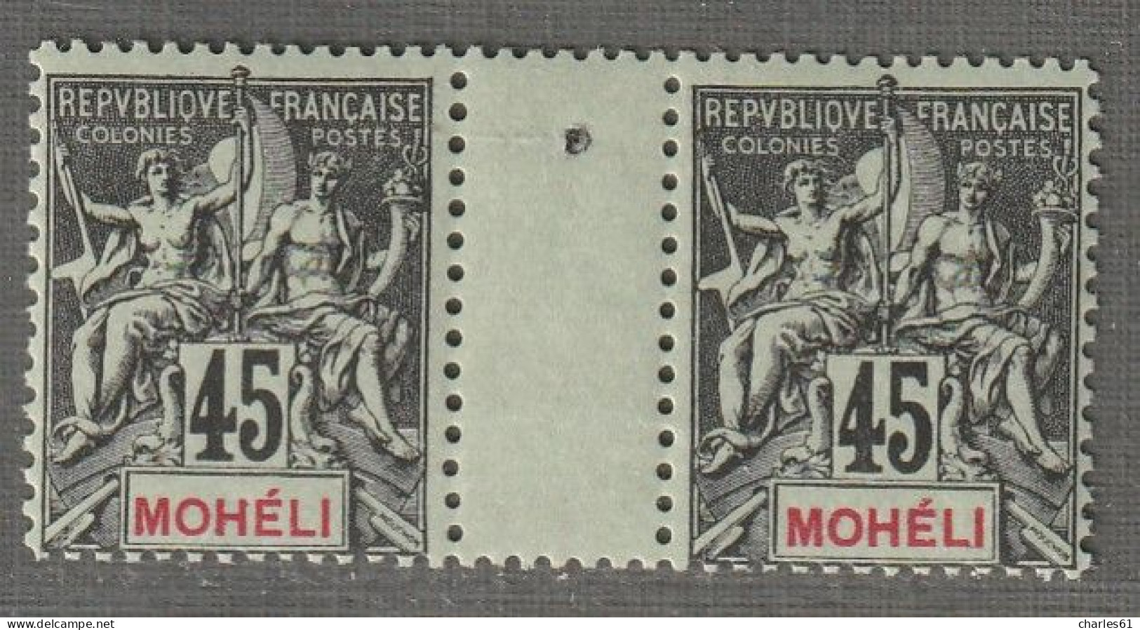 MOHELI - N°11 En Paire ** (1906-7) 45c Noir Sur Vert - Ungebraucht