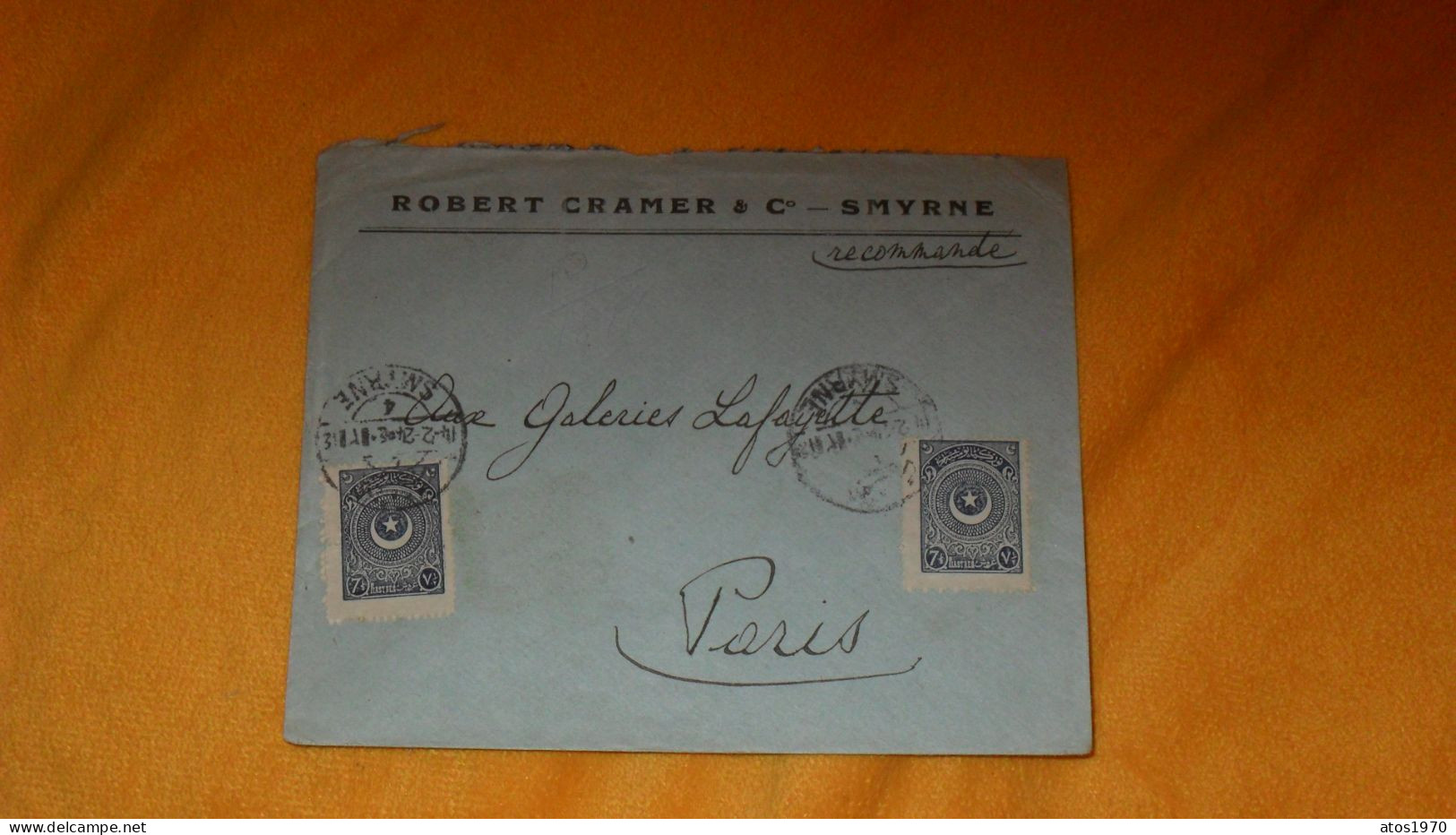 ENVELOPPE ANCIENNE DE 1924../ ROBERT CRAMER & Co. SMYRNE..TURQUIE..POUR GALERIES LAFAYETTE PARIS..CACHETS + TIMBRES X2 - Storia Postale