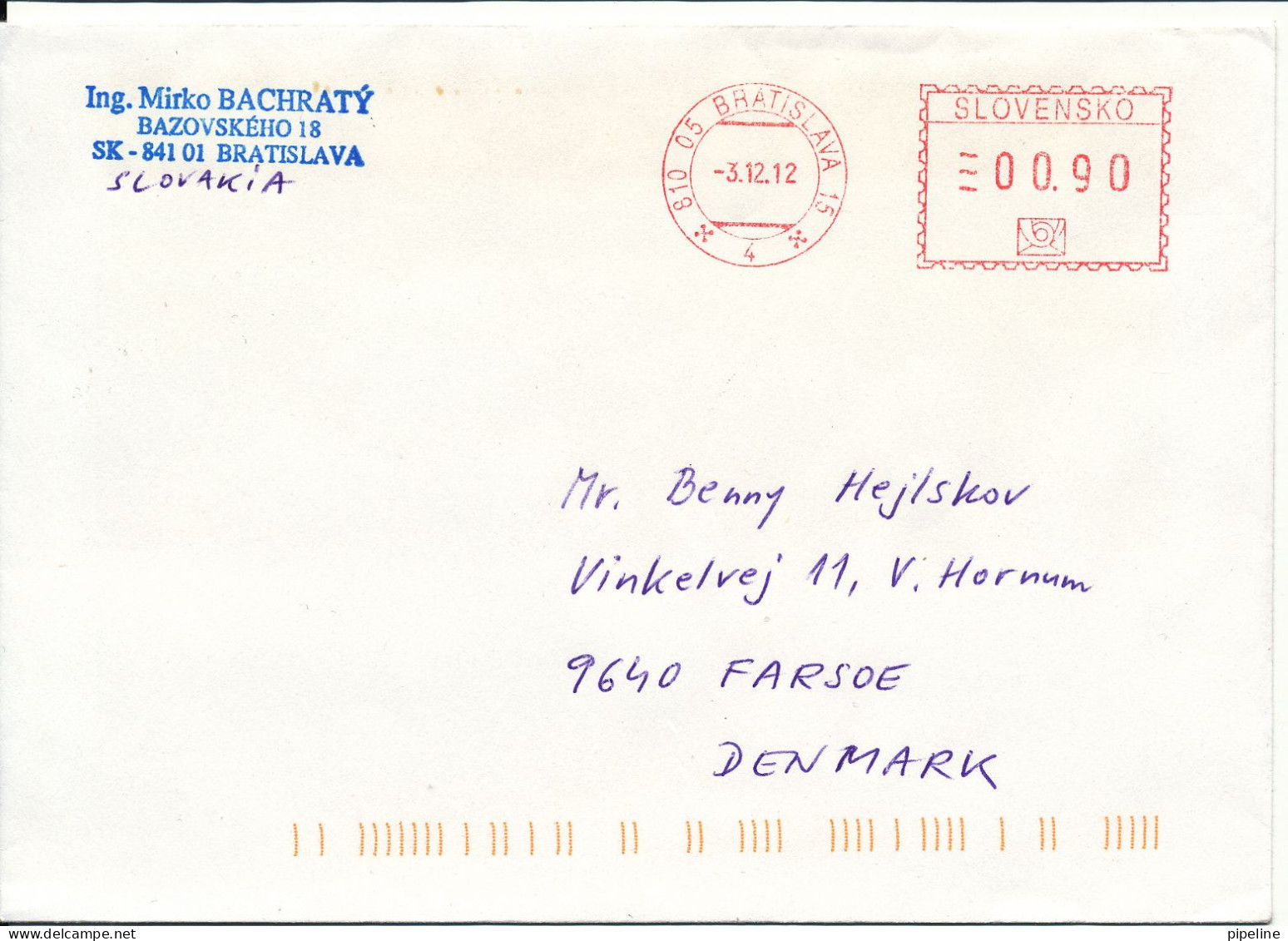 Slovakia Cover With Meter Cancel Bratislava 3-12-2012 Sent To Denmark - Storia Postale