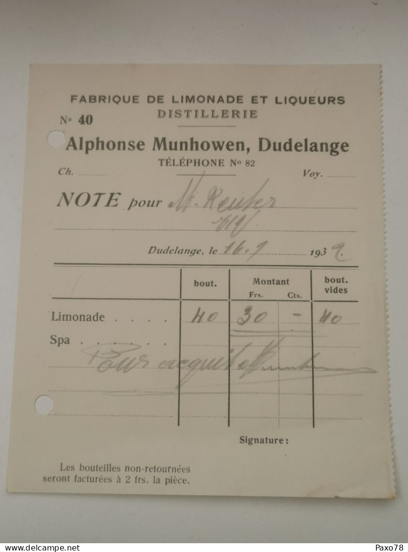 Luxembourg Facture, Limonades, Alphonse Munhowen, Dudelange 1932 - Luxembourg