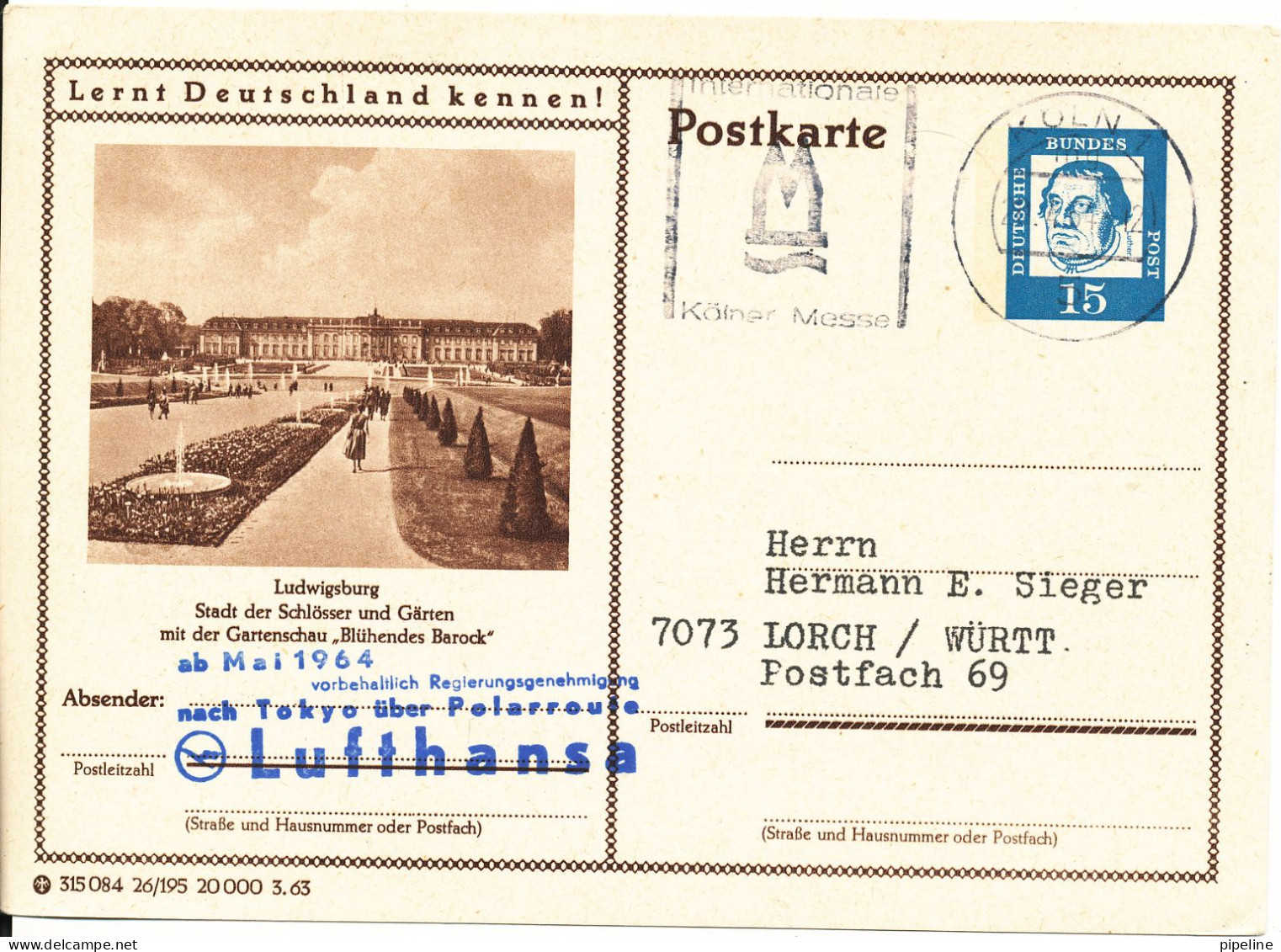 Germany Postal Stationery Postcard Lufthansa Flight Polarroute To Tokyo From May 1964 Köln 21-4-1964 - Cartes Postales - Oblitérées
