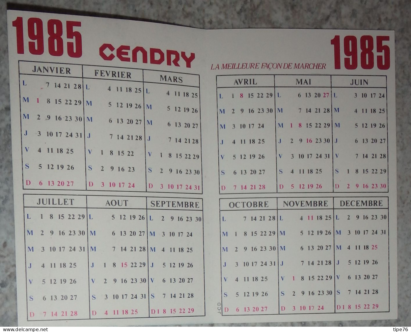 Petit Calendrier Poche 1985 Magasin Enseigne Cendry Chaussures - Petit Format : 1981-90