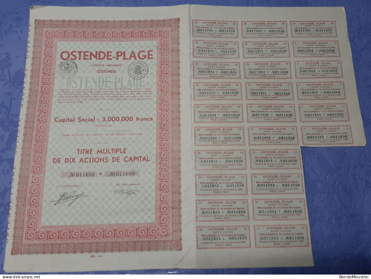 Ostende-Plage S.A. Ostende - Titre Multiple De Dix Actions De Capital - 1935. - Toerisme