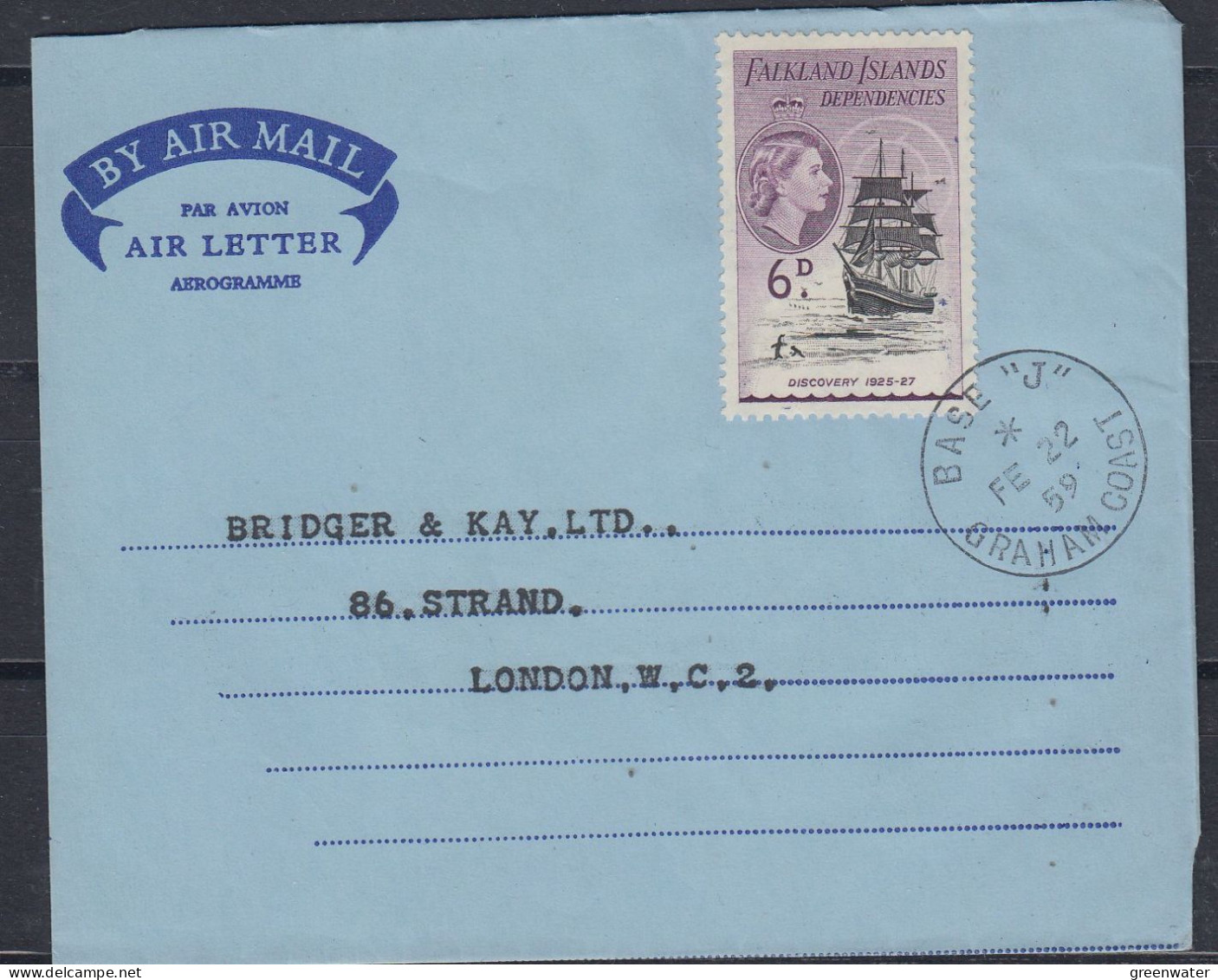 Falkand Islands Dependencies (FID)  Discovery Air Letter Ca Base "J" Graham Land FEB 22 1959 (FG183) - Falkland Islands