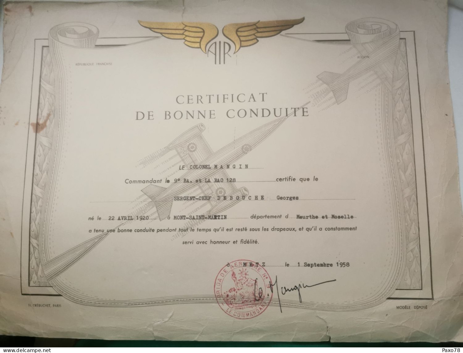Diplôme, Certificat De Bonne Conduite, Brigade De L'armée, Metz 1958 - Briefe U. Dokumente