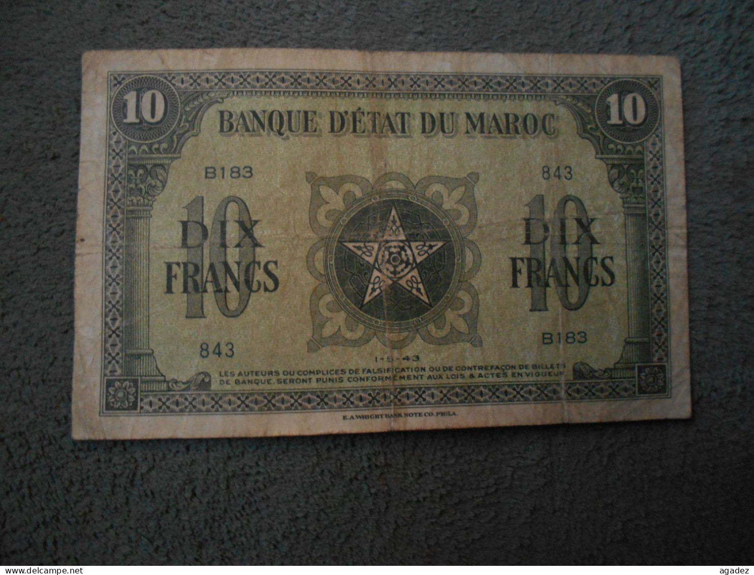 Ancien Billet De Banque  Maroc  10 Francs 1943 - Maroc